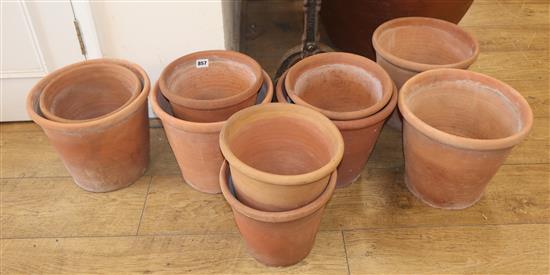 A set of ten vintage terracotta pots in two sizes by Ward, Staffordshire largest 25cm high